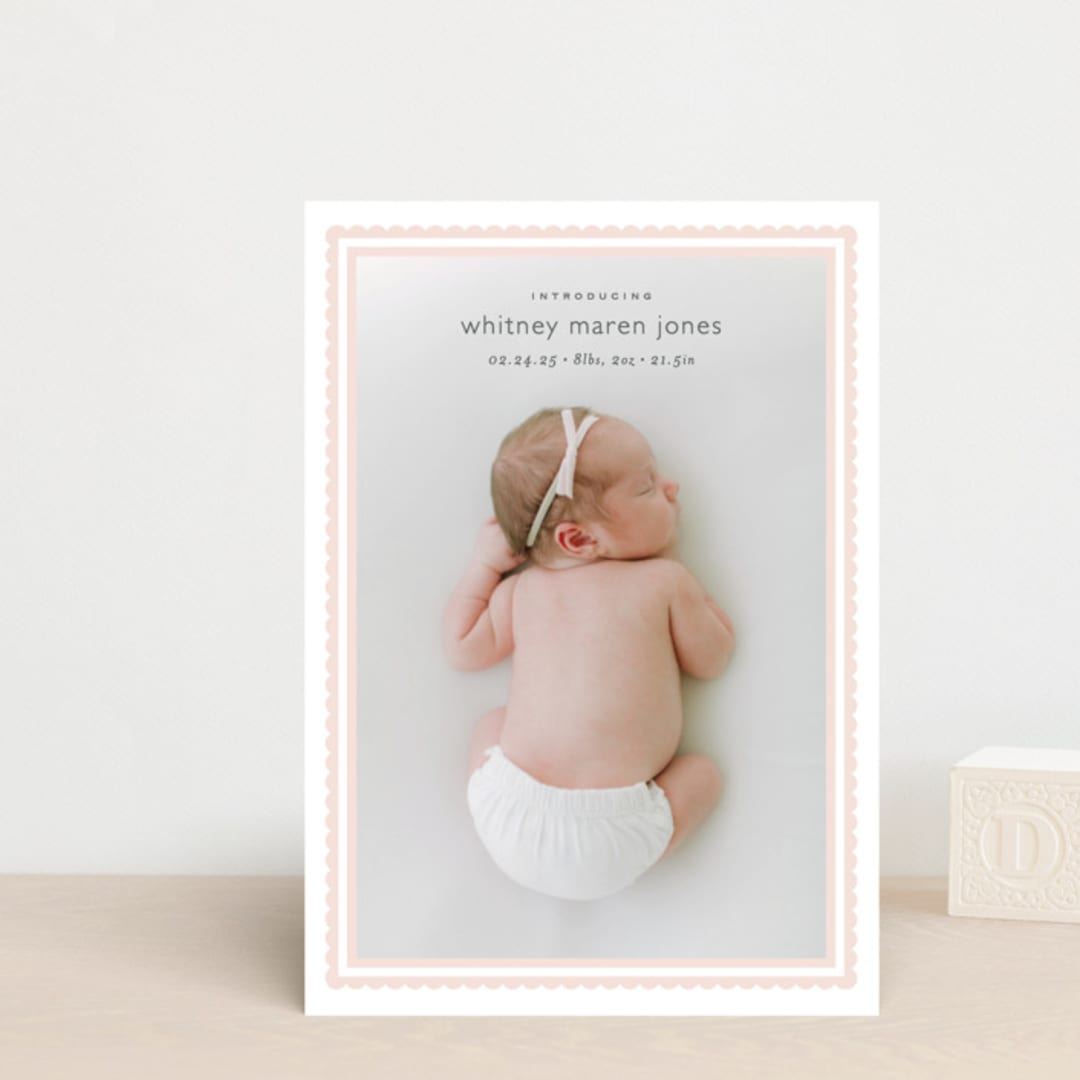 "Scalloped Border" - Birth Announcements in Baby Blush by Carolyn MacLaren - Front