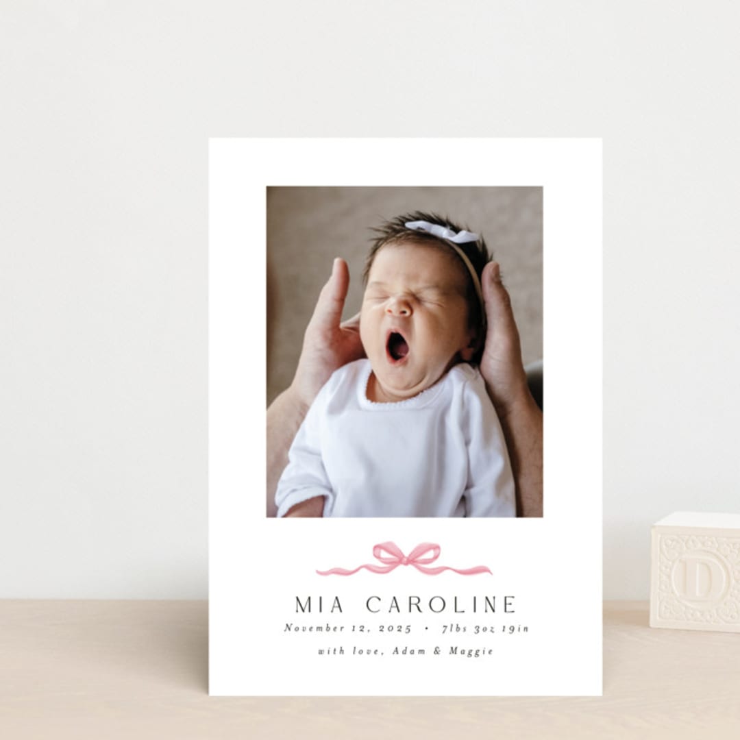 "Sweet Bow" - Birth Announcements in Cotton Candy by Paula Pecevich - Front