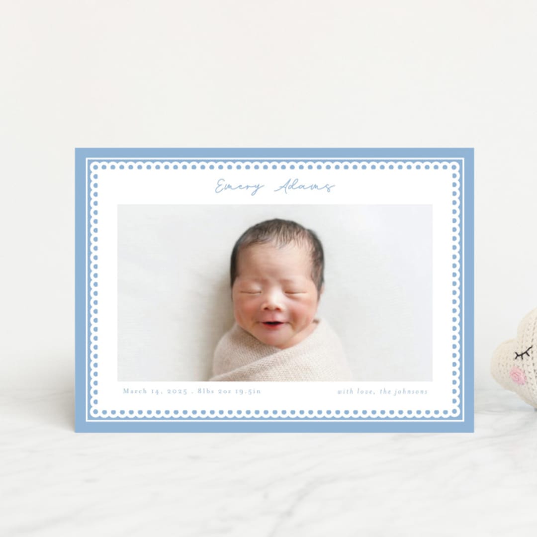 "Stitched Frame" - Birth Announcements in Sky by Nicole Walsh - Front