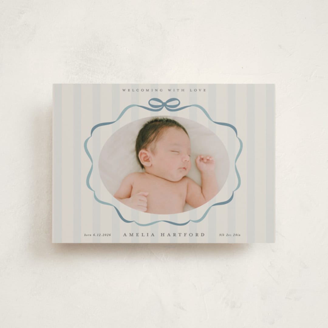 "bows and stripes" - Birth Announcements in Lagoon by Lori Wemple - Front