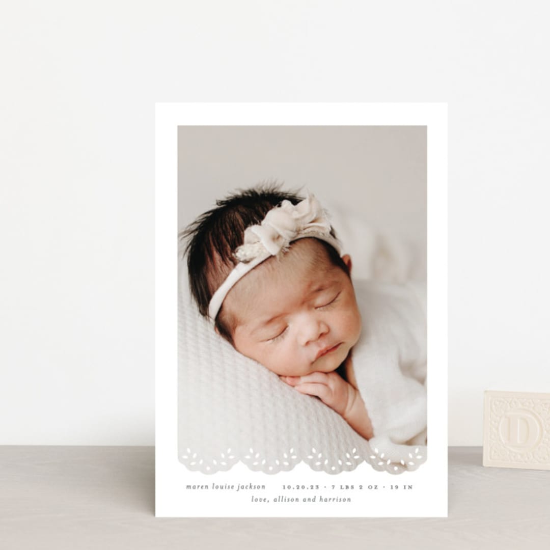 "Eyelet" - Birth Announcements in Taupe by Lauren Chism - Front