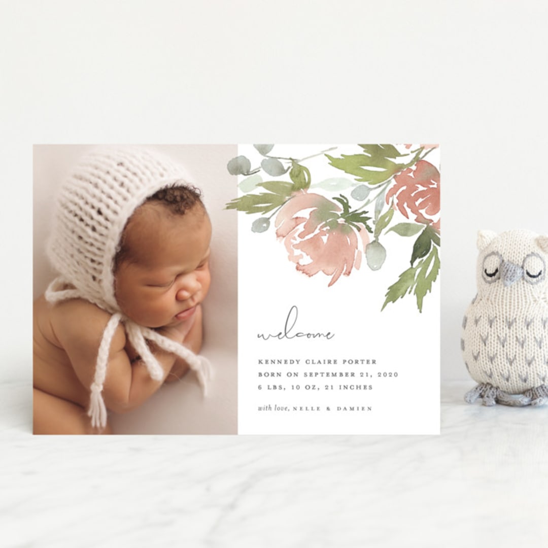 "Watercolor bouquet" - Birth Announcements in Peach by Stacey Meacham - Front