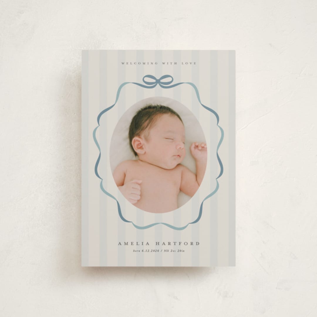 "bows and stripes" - Birth Announcements in Lagoon by Lori Wemple - Front