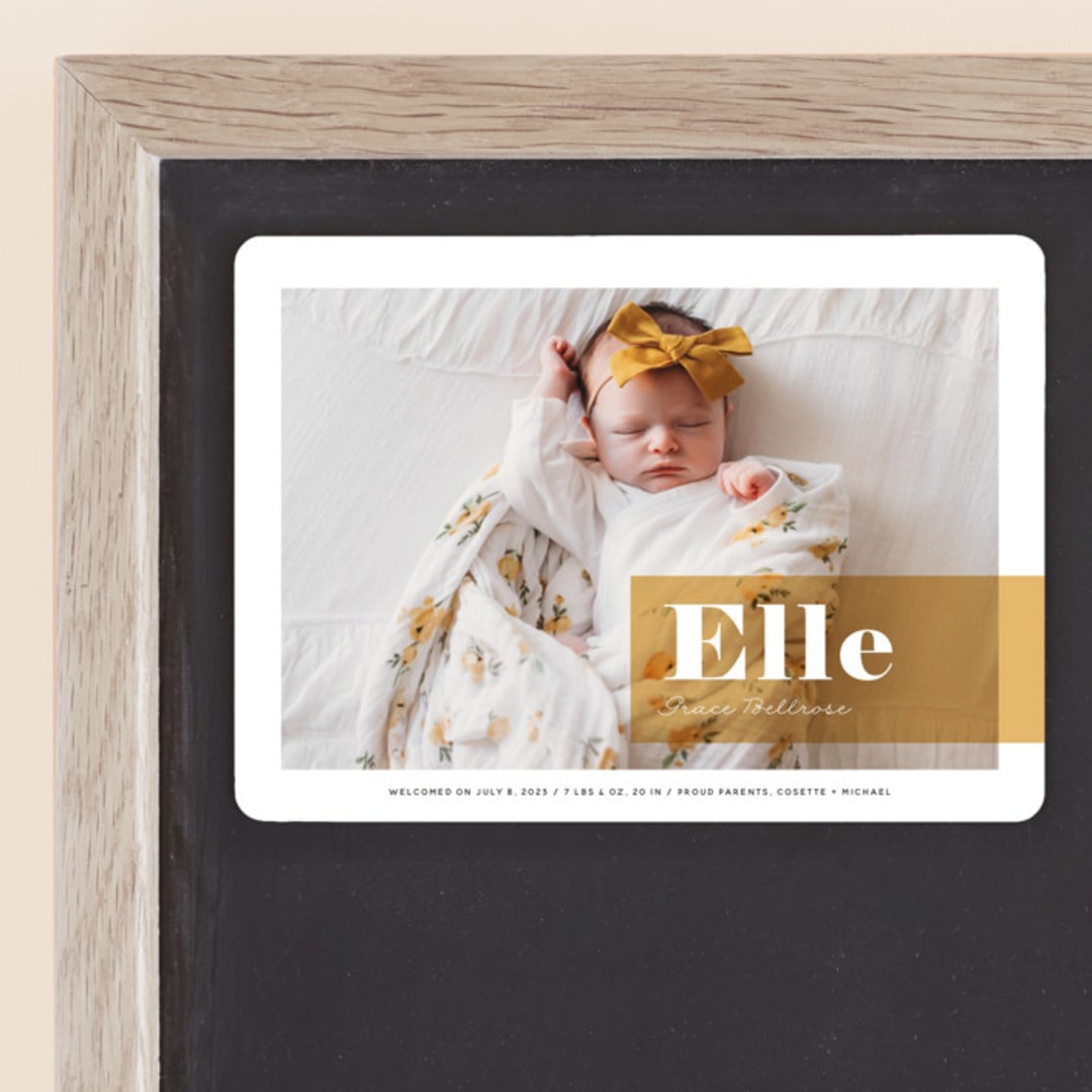 "Magazine Block" - Birth Announcements in Marigold by Maria Hilas-Louie - Front