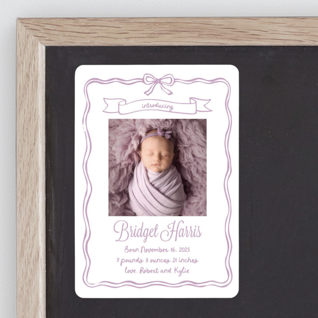 "Bow Frame" - Birth Announcements in Lavander by Cass Loh - Front
