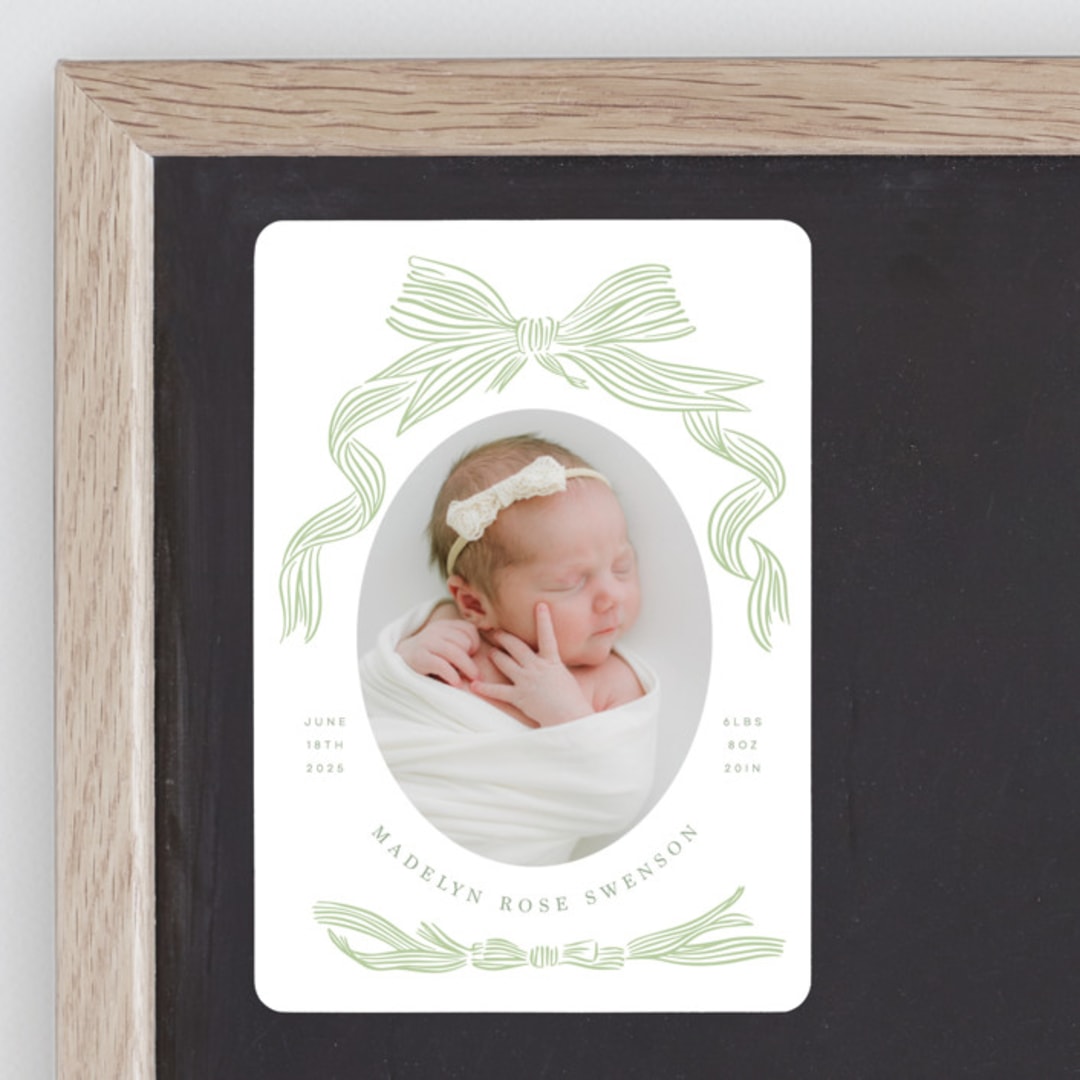 "Ribbon Bow Frame" - Birth Announcements in Mint by Stephanie Hawkes - Front