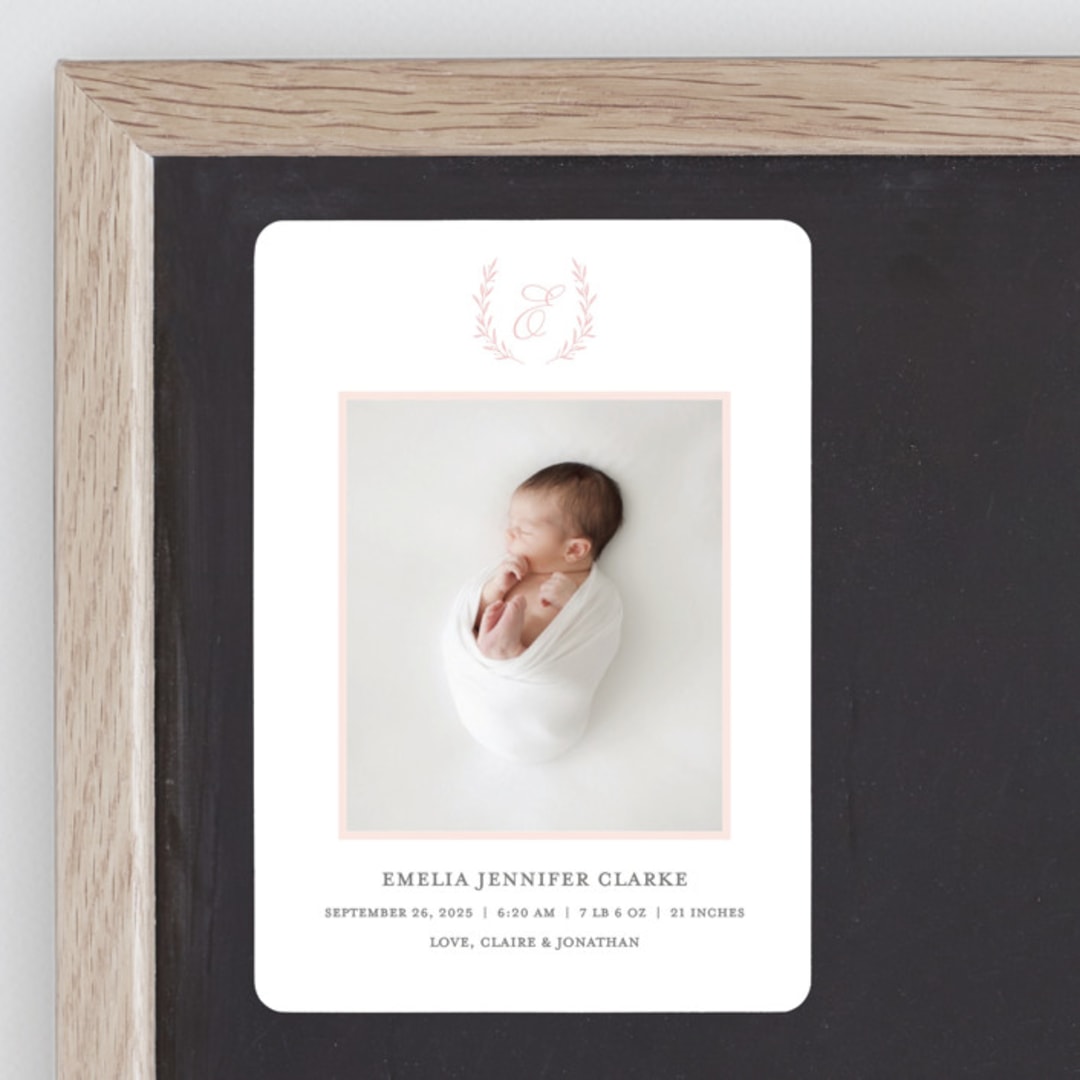 "Monogram Laurel" - Birth Announcements in Peony by Vanessa Doyle - Front
