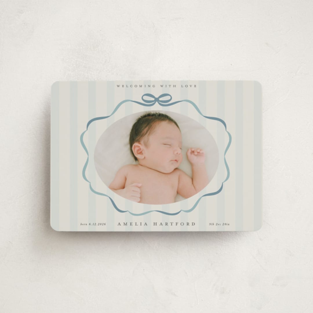 "bows and stripes" - Birth Announcements in Lagoon by Lori Wemple - Front