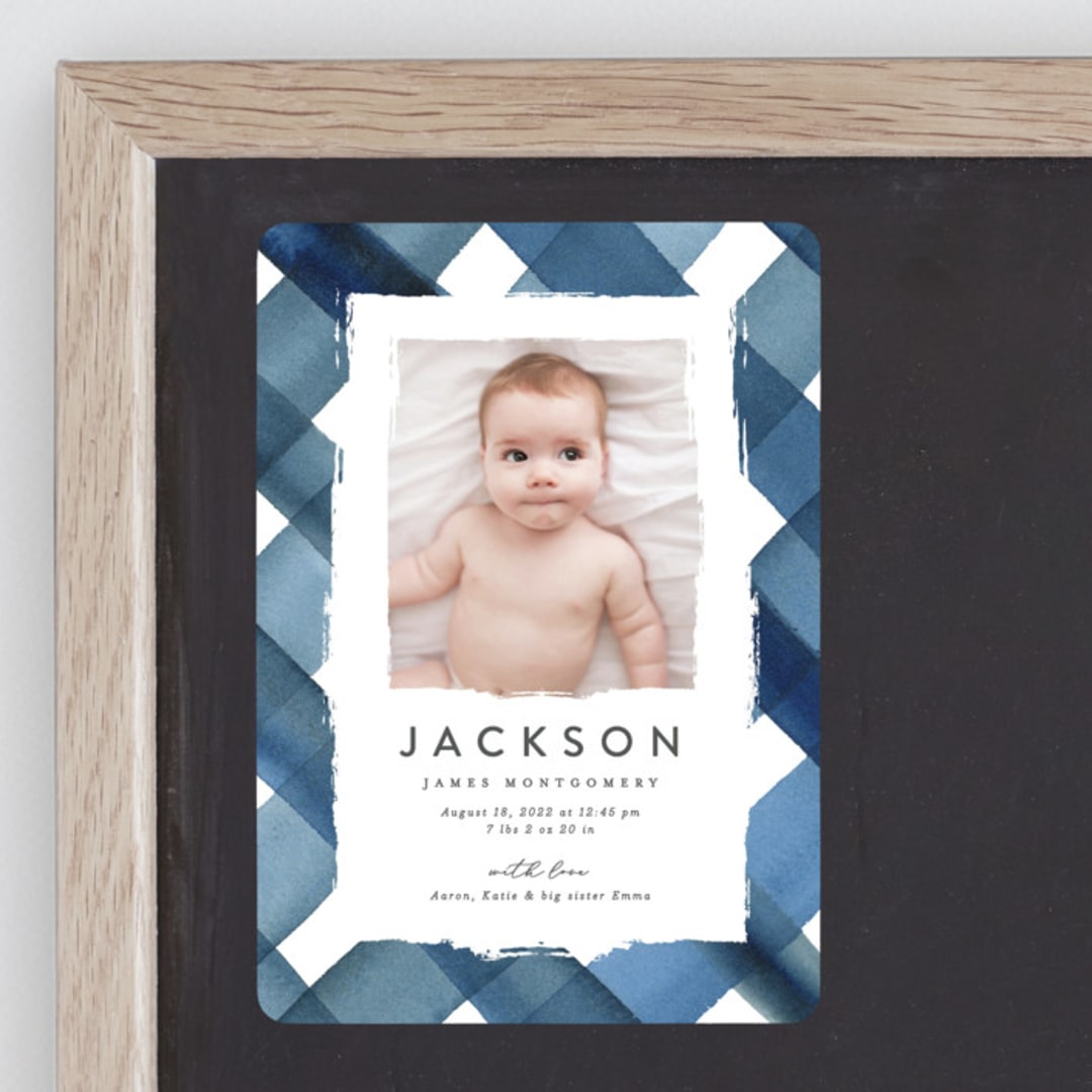 "Painted Plaid" - Birth Announcements in Denim by Erica Krystek - Front