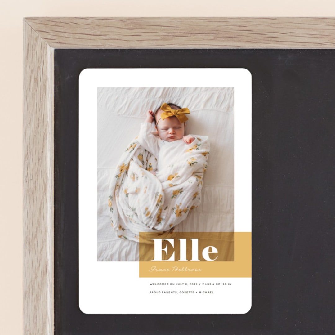 "Magazine Block" - Birth Announcements in Marigold by Maria Hilas-Louie - Front