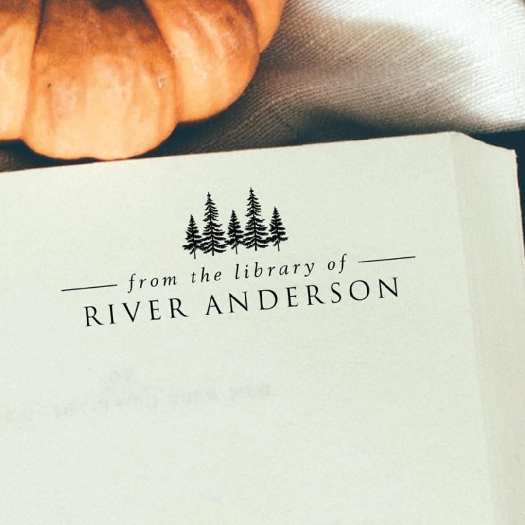 "Custom Name Trees Book Stamp | Book Lover Gift" - Book Stamp in black by Samantha Malvey