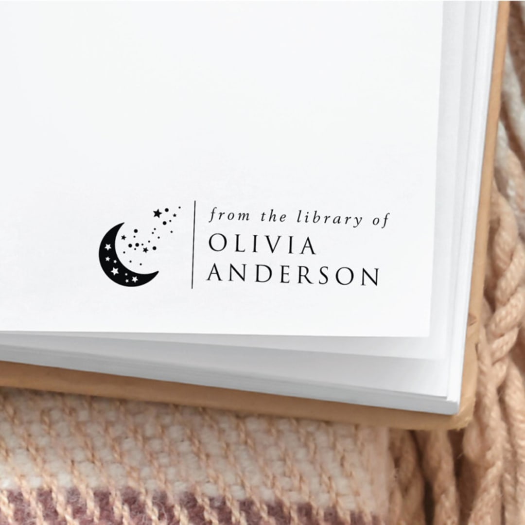 "Custom Name Celestial Book Stamp | Book Lover Gift" - Book Stamp in black by Samantha Malvey
