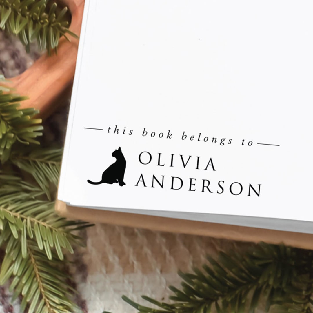 "Custom Name Black Cat Book Stamp | Book Lover Gift" - Book Stamp in black by Samantha Malvey
