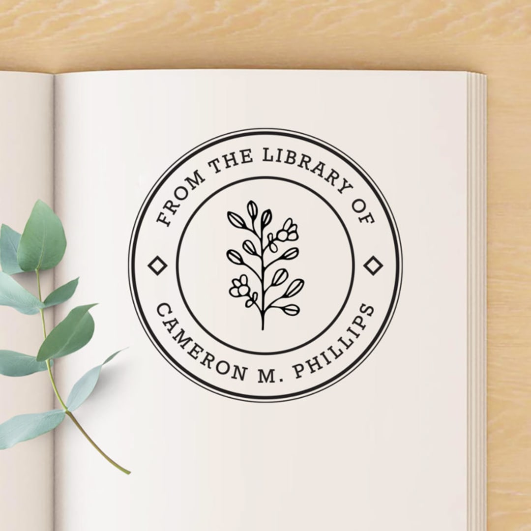 "Floral Custom Name Book Stamp, Round Self Inking" - Book Stamp in black by Port of Reverie