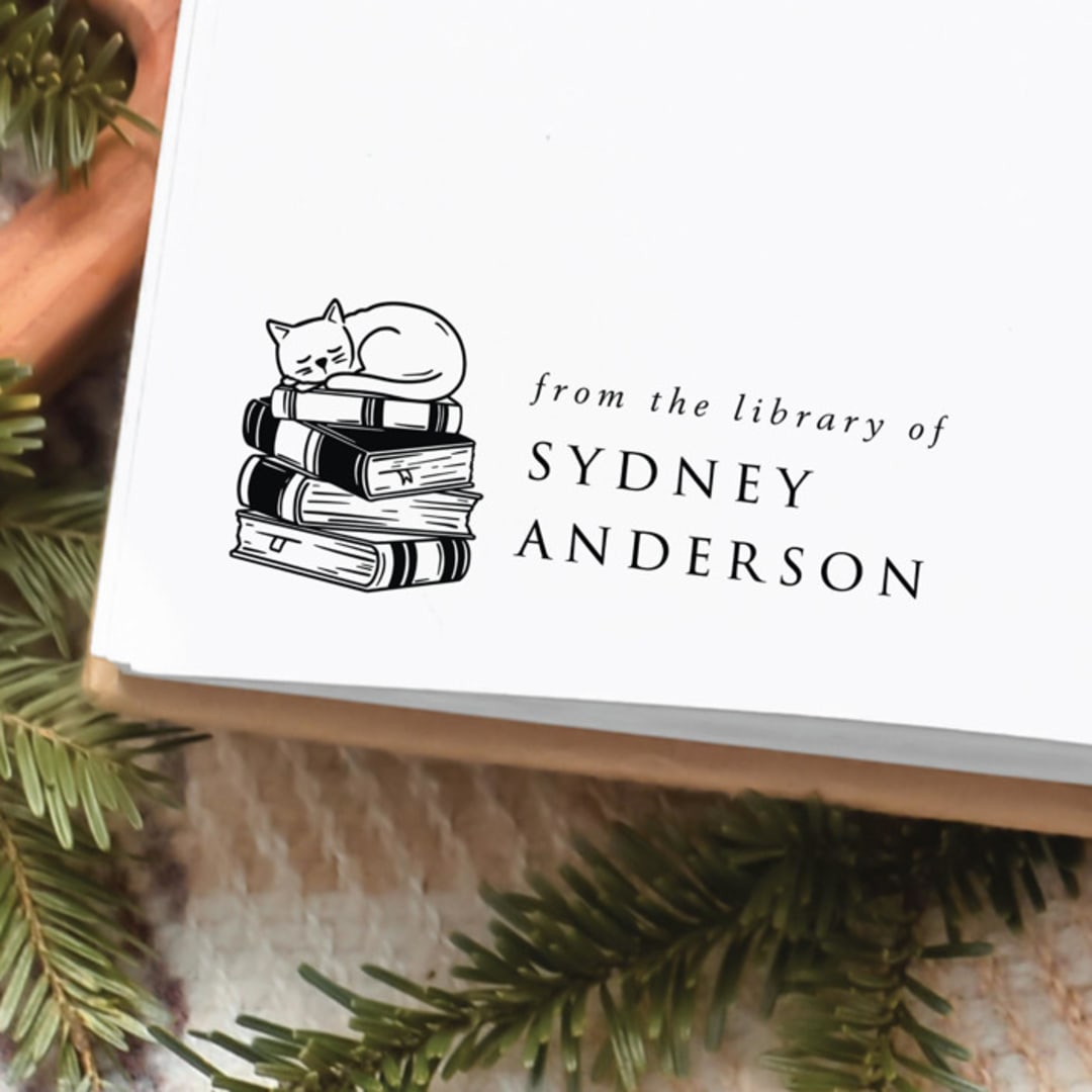"Custom Name Sleepy Cat Book Stamp | Book Lover Gift" - Book Stamp in black by Samantha Malvey