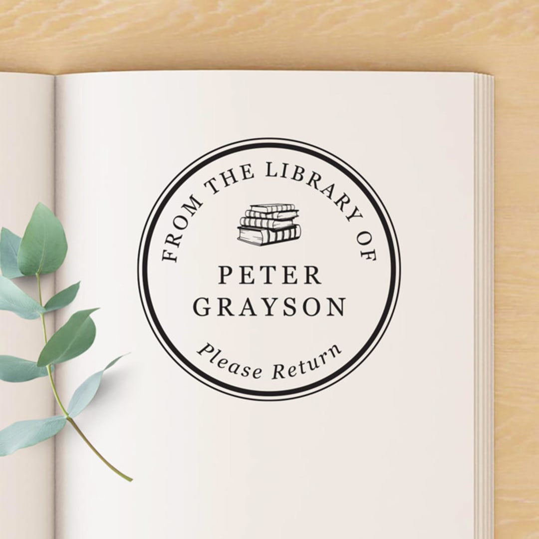 "Classic Custom Name Book Stamp, Round Self Inking" - Book Stamp in black by Port of Reverie