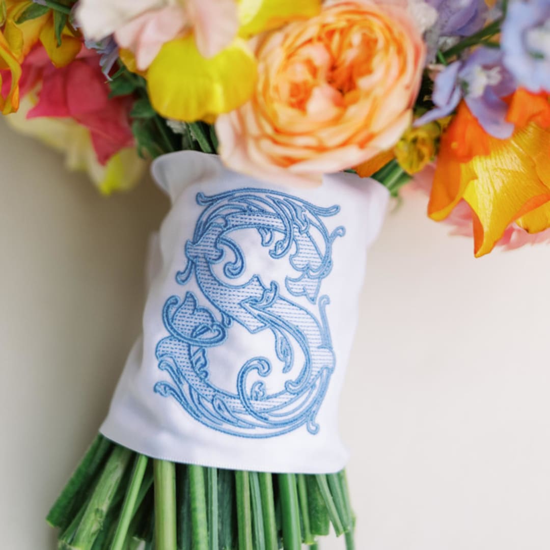 Custom Embroidered Bouquet Wrap with Single Letter Vine Monogram