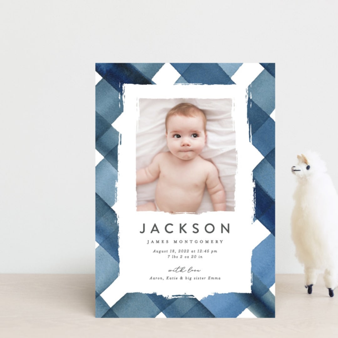 "Painted Plaid" - Birth Announcements in Denim by Erica Krystek - Front