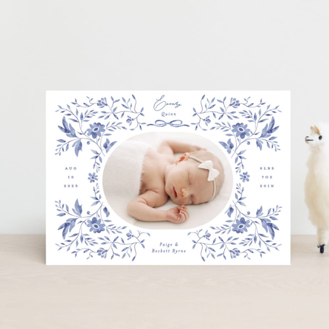 "Daisy Toile" - Birth Announcements in Bluebird by Susan Zinader - Front