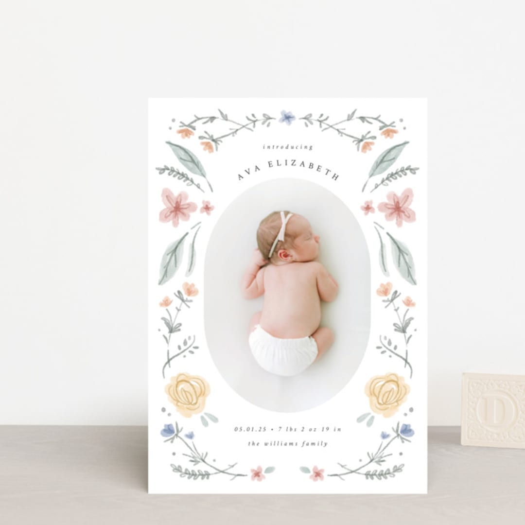 "Le Jardin" - Birth Announcements in Meadow by Emily Sabol Goss - Front