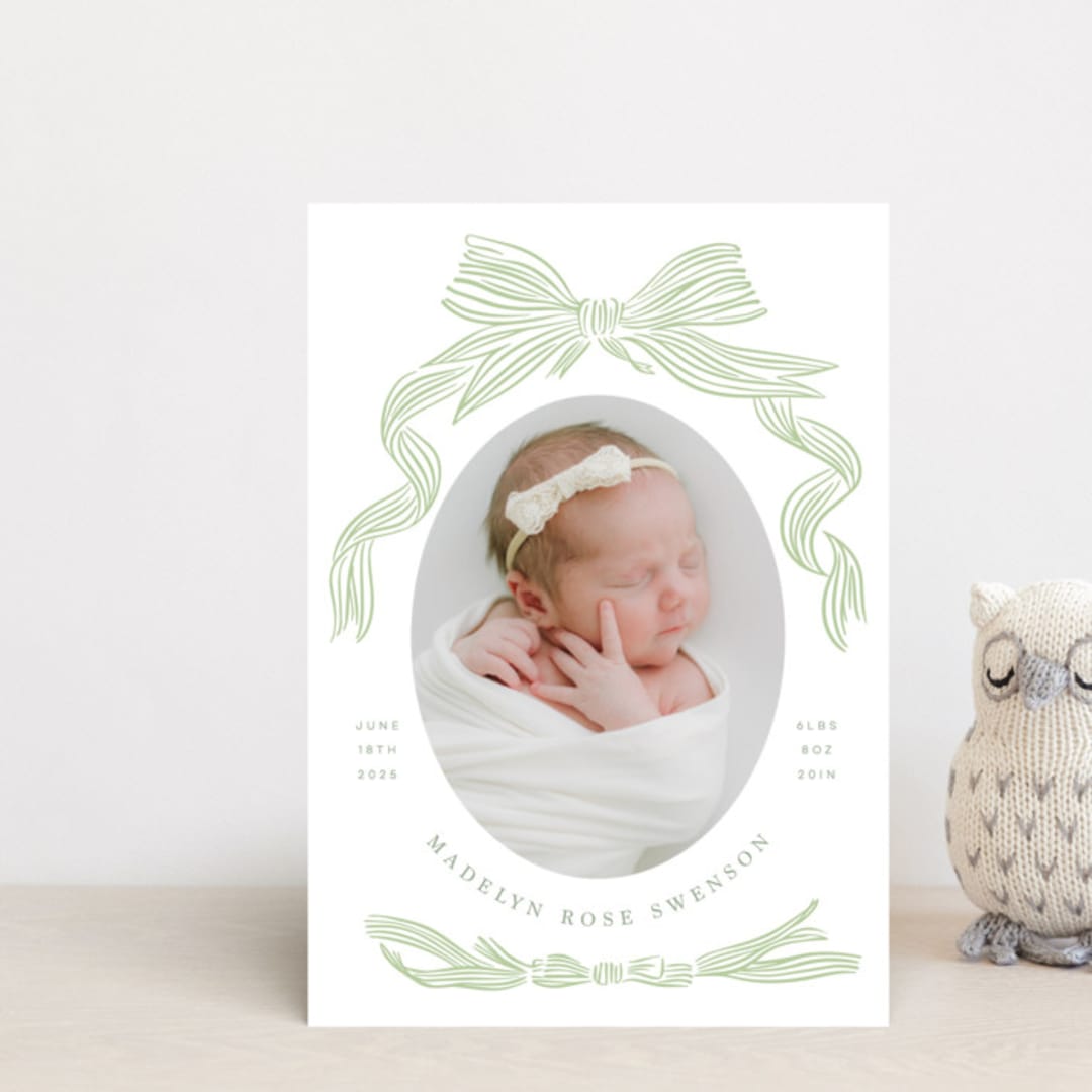 "Ribbon Bow Frame" - Birth Announcements in Mint by Stephanie Hawkes - Front