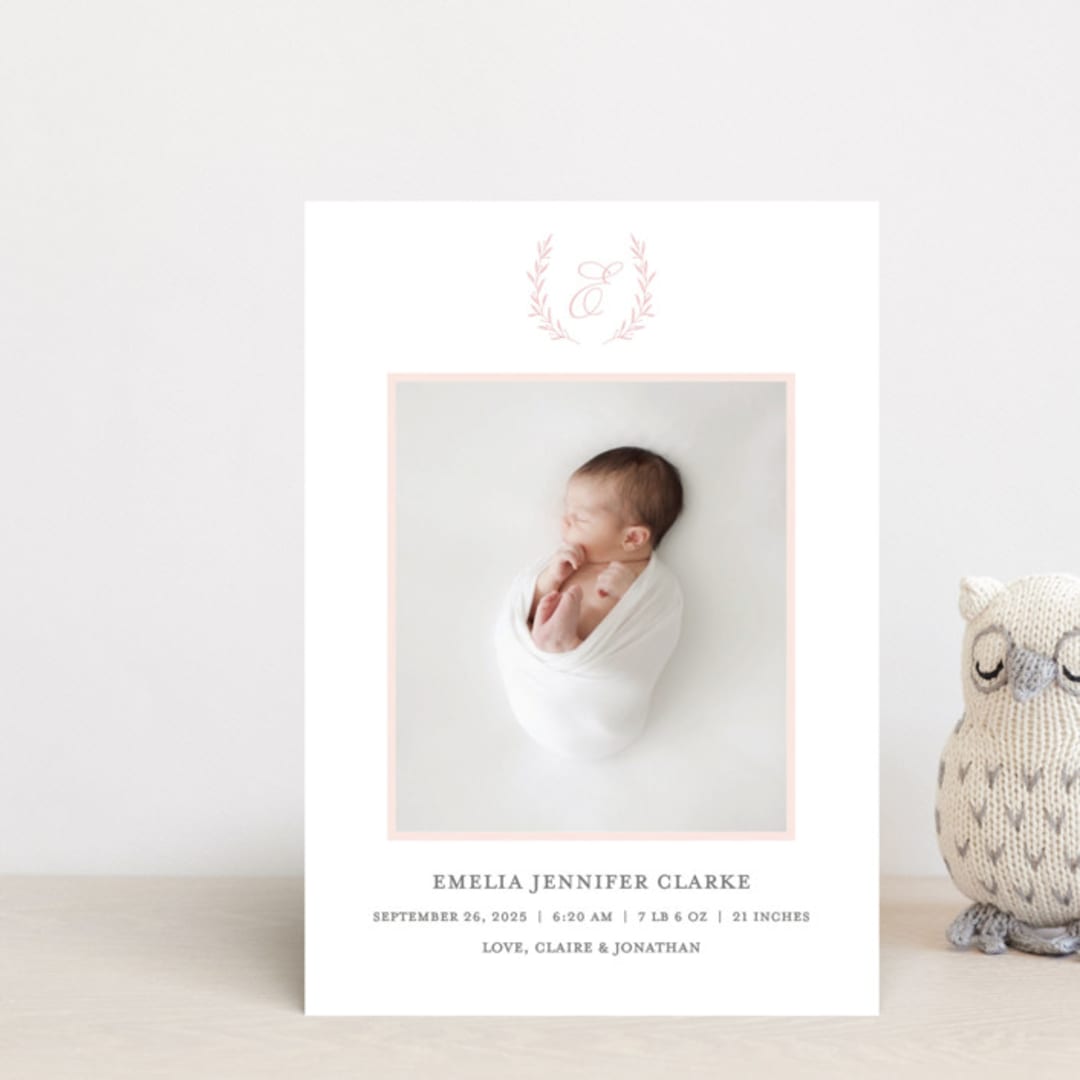 "Monogram Laurel" - Birth Announcements in Peony by Vanessa Doyle - Front