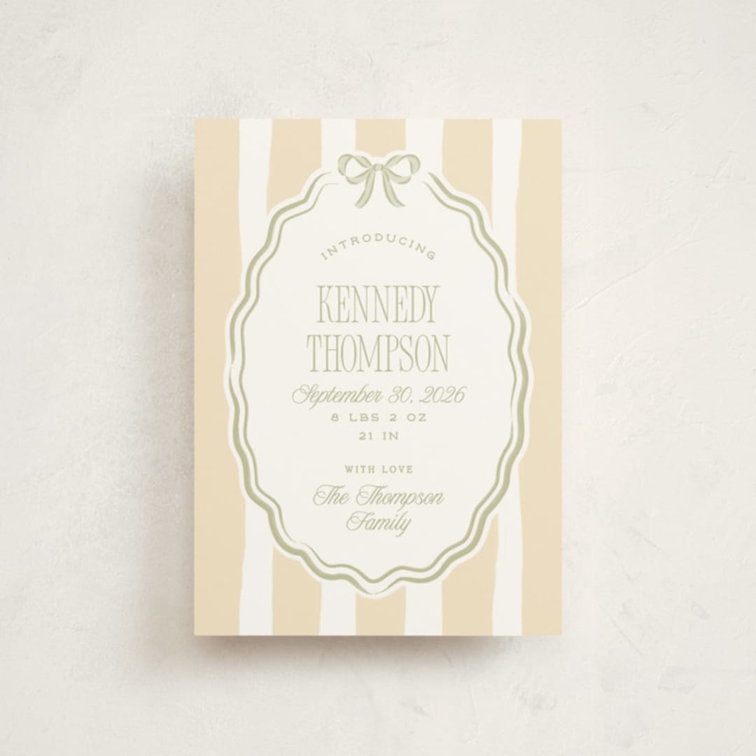 "Bow Frame" - Birth Announcements in Sage by Robert and Stella - Front