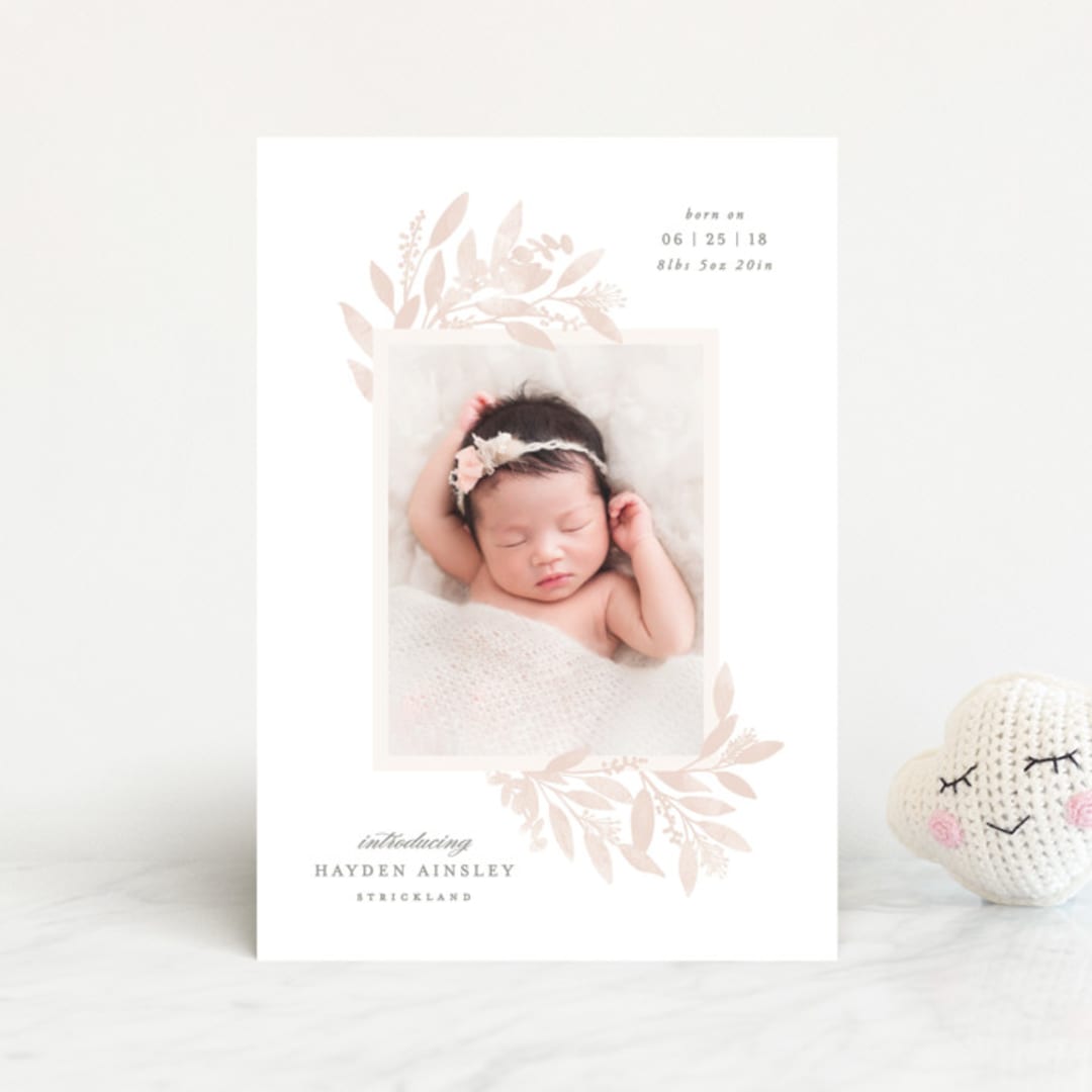 "Botanical Corners" - Birth Announcements in Blush by Hooray Creative - Front
