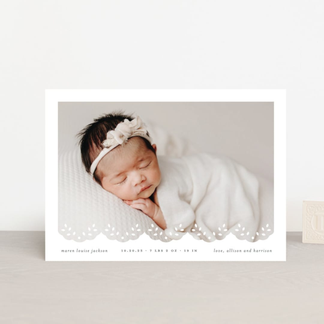 "Eyelet" - Birth Announcements in Taupe by Lauren Chism - Front