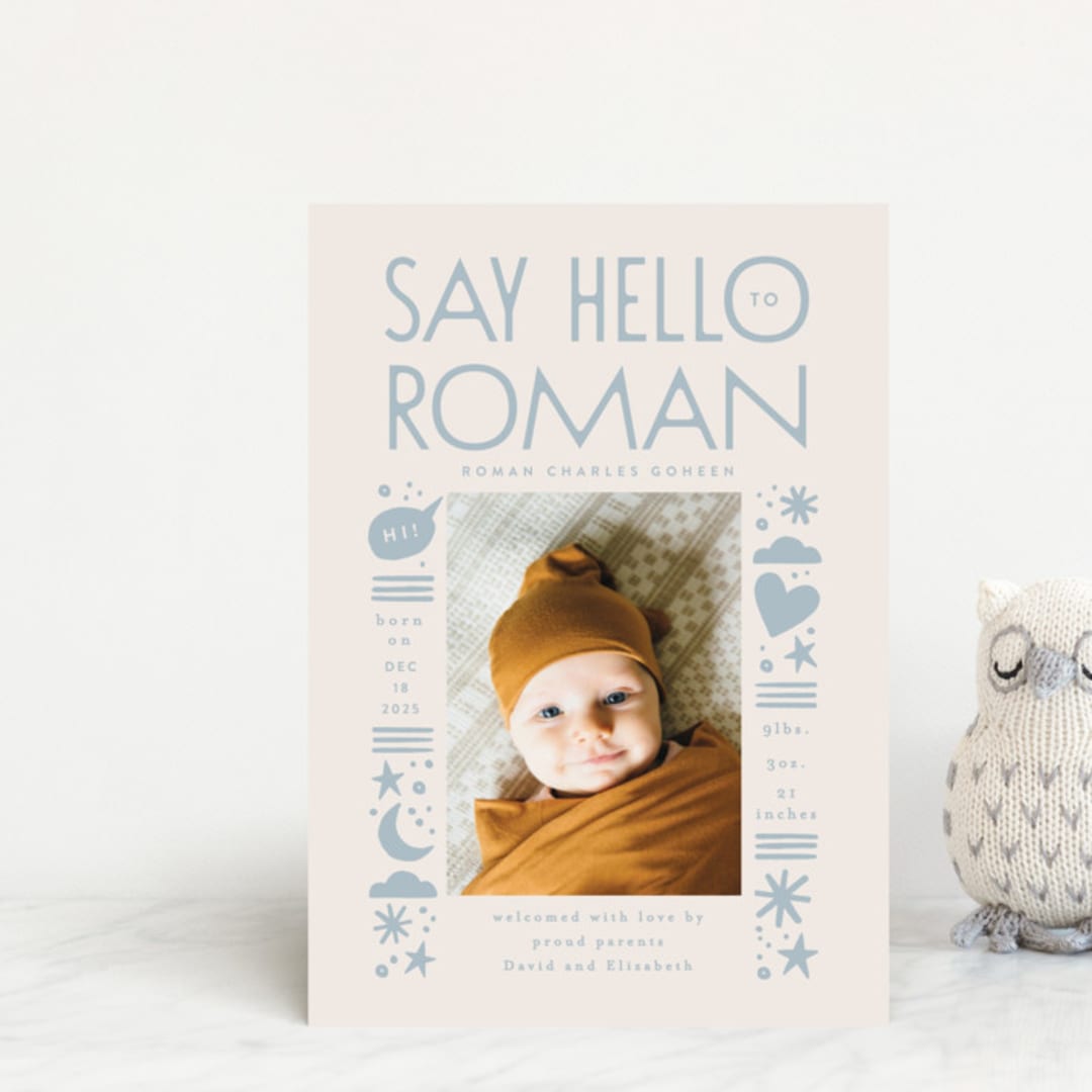 "Quirky Hello" - Birth Announcements in Powder Blue by Alethea and Ruth - Front