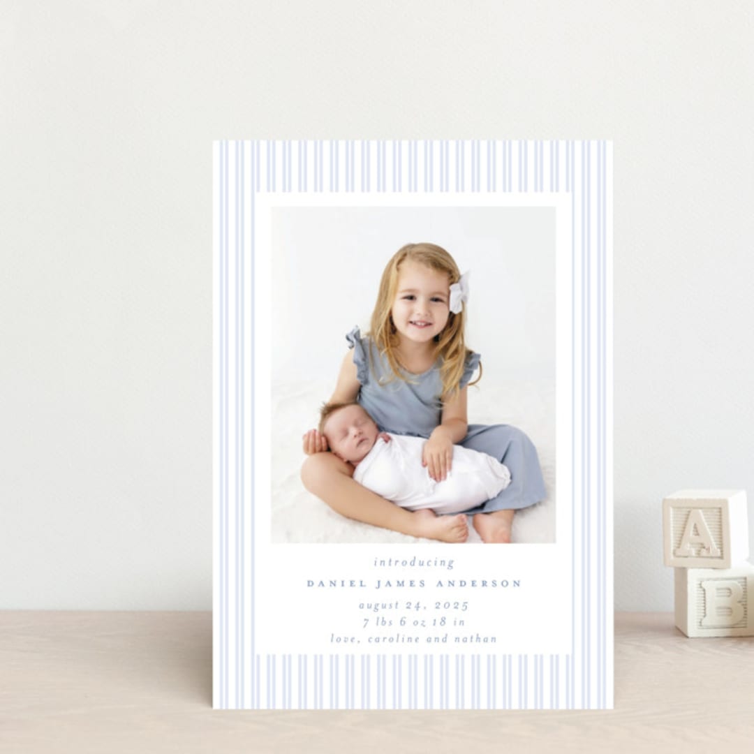 "Pinstripe Frame" - Birth Announcements in Sky by Jennifer Holbrook - Front