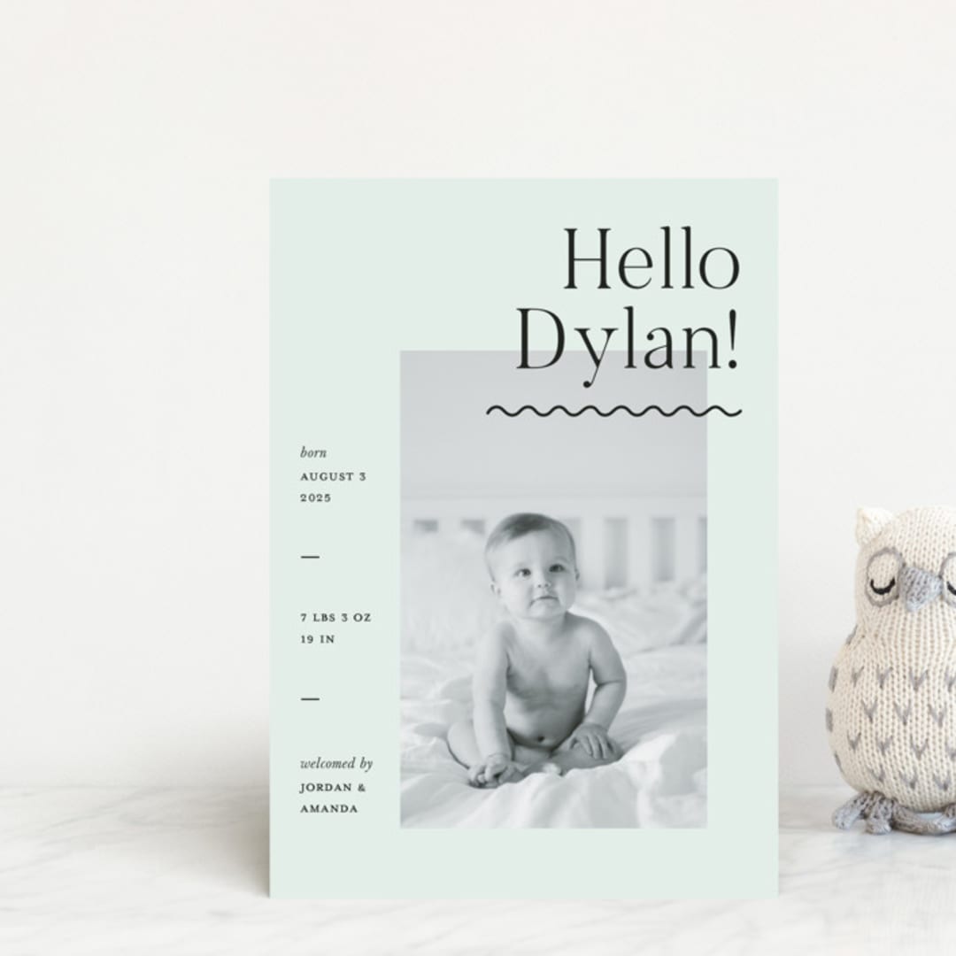 "Wavy Hello" - Birth Announcements in Moss by Pixel and Hank - Front