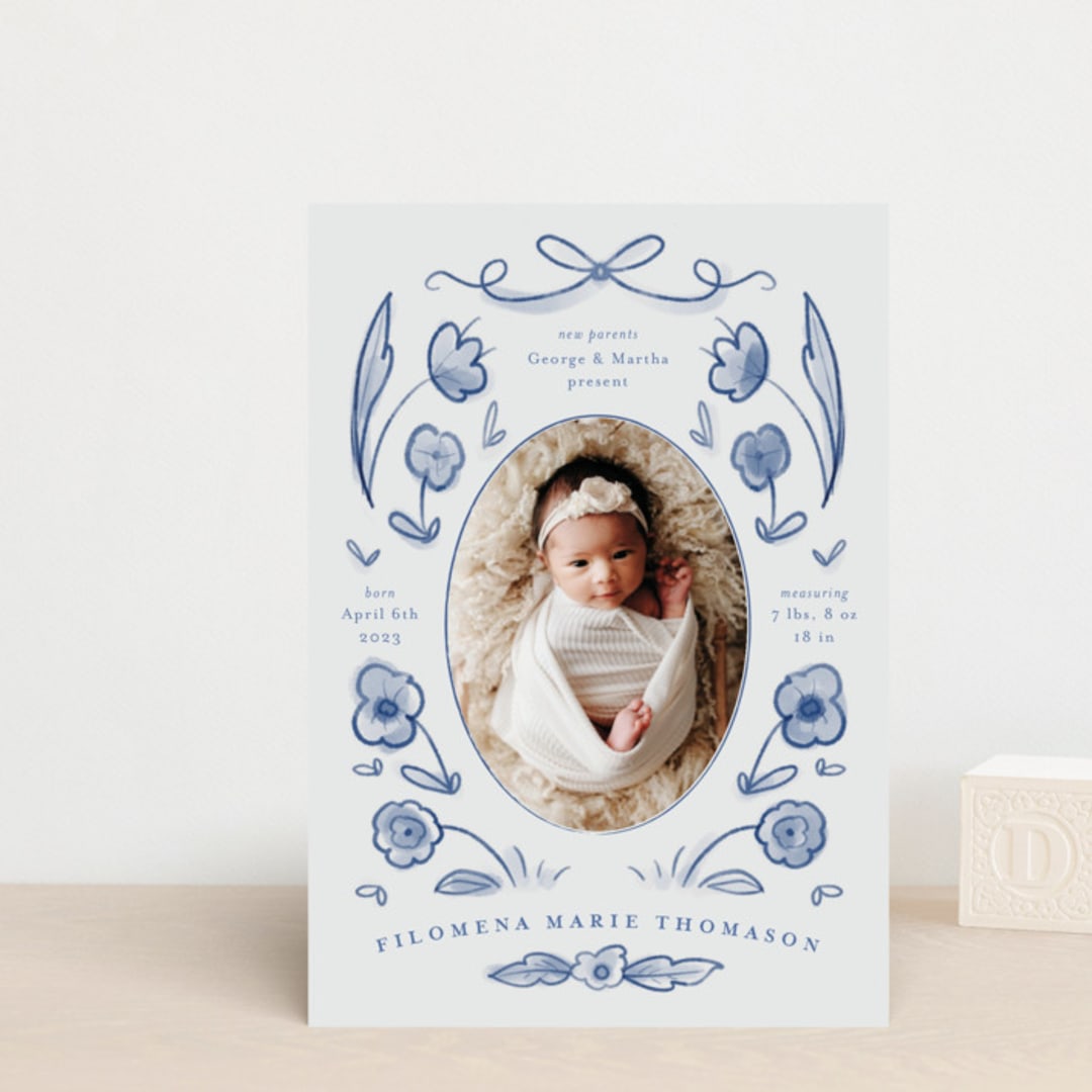 "Painted Flowers" - Birth Announcements in Delft Blue by Ani Somi - Front