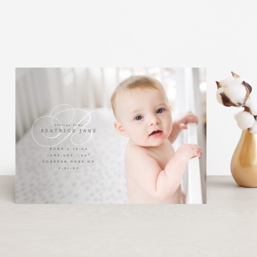 "Classic Welcome" - Birth Announcements in Silver Sage by Olivia Raufman - Front