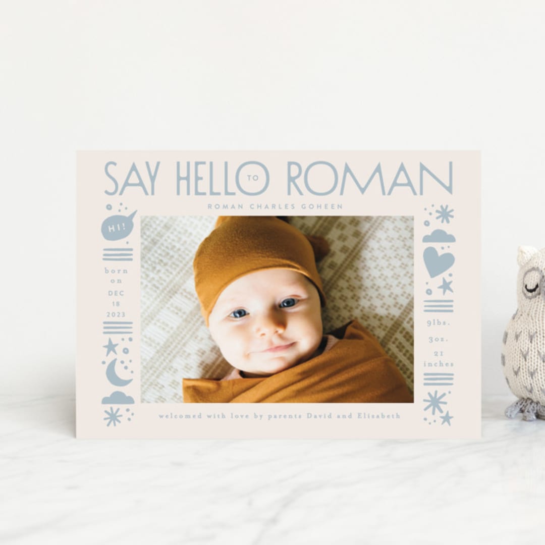 "Quirky Hello" - Birth Announcements in Powder Blue by Alethea and Ruth - Front
