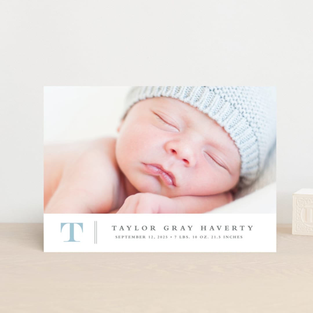 "Stately monogram" - Birth Announcements in Powder by Stacey Meacham - Front