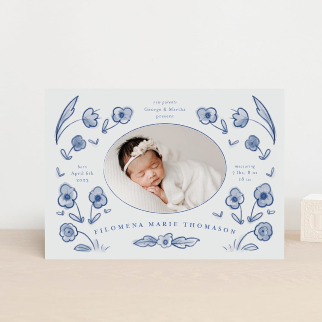 "Painted Flowers" - Birth Announcements in Delft Blue by Ani Somi - Front