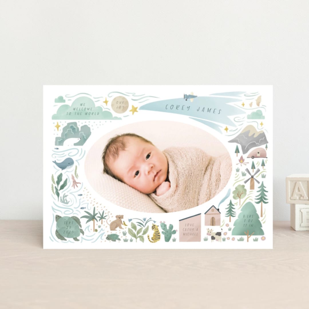 "A Wonderful World" - Birth Announcements in Blue Jay by Grae - Front