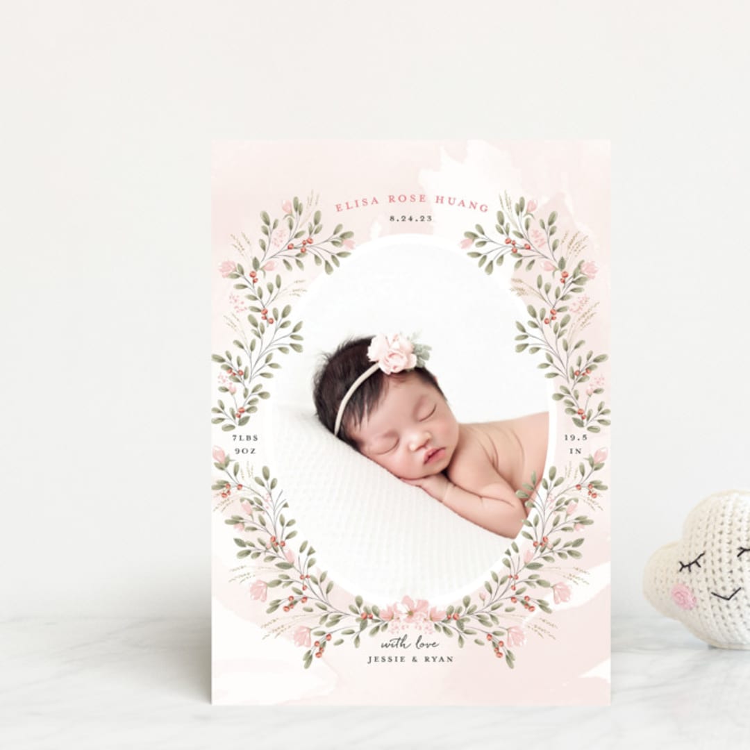 "Sweet Floral Vine" - Birth Announcements in Blush by Susan Moyal - Front
