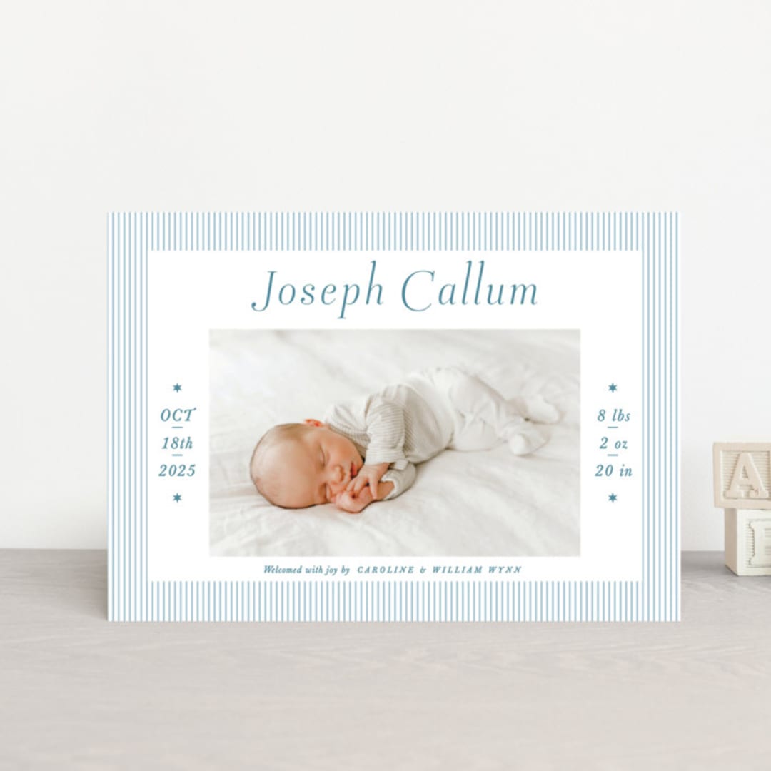"Sweet Stripes" - Birth Announcements in Baby Blue by Alston Foster - Front