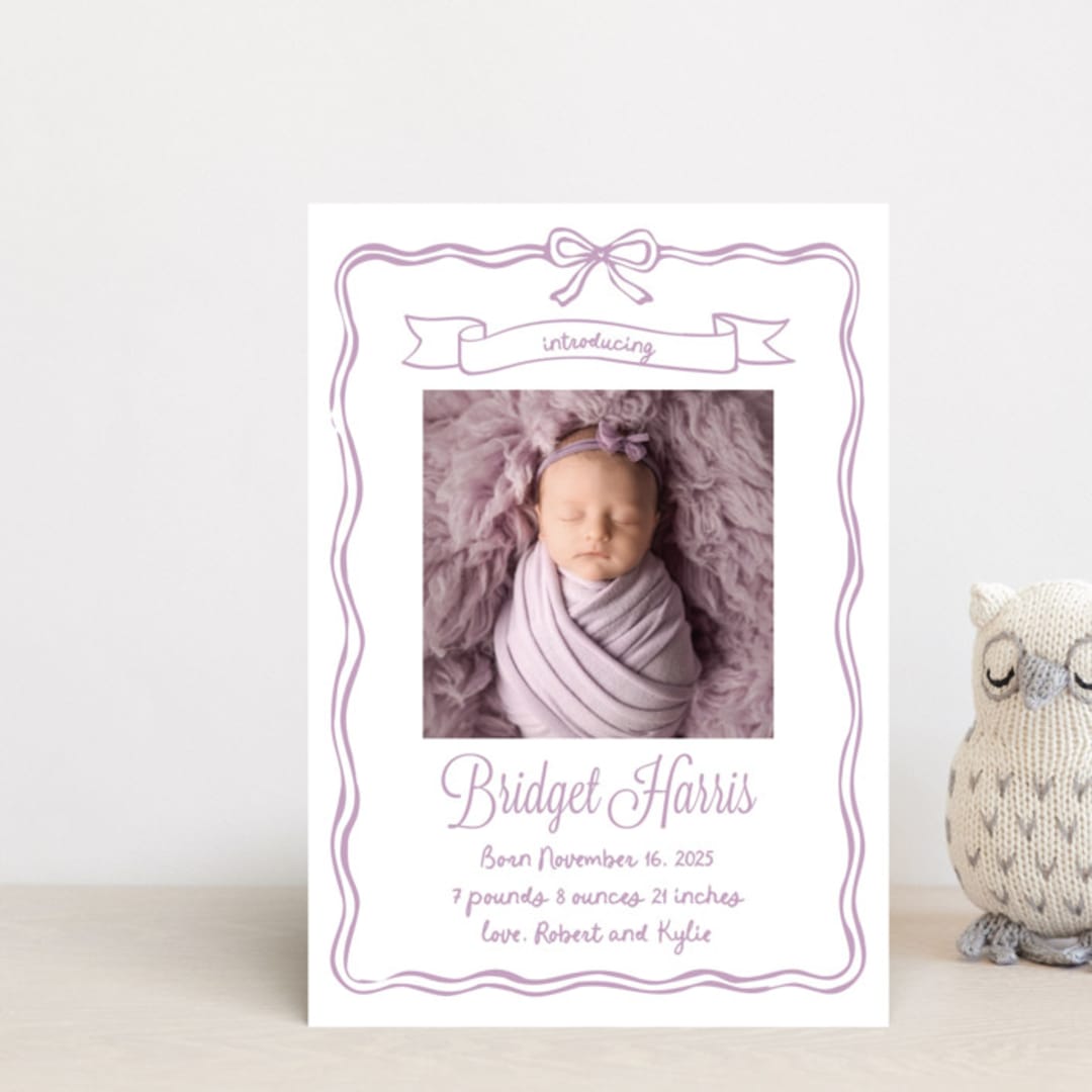 "Bow Frame" - Birth Announcements in Lavander by Cass Loh - Front