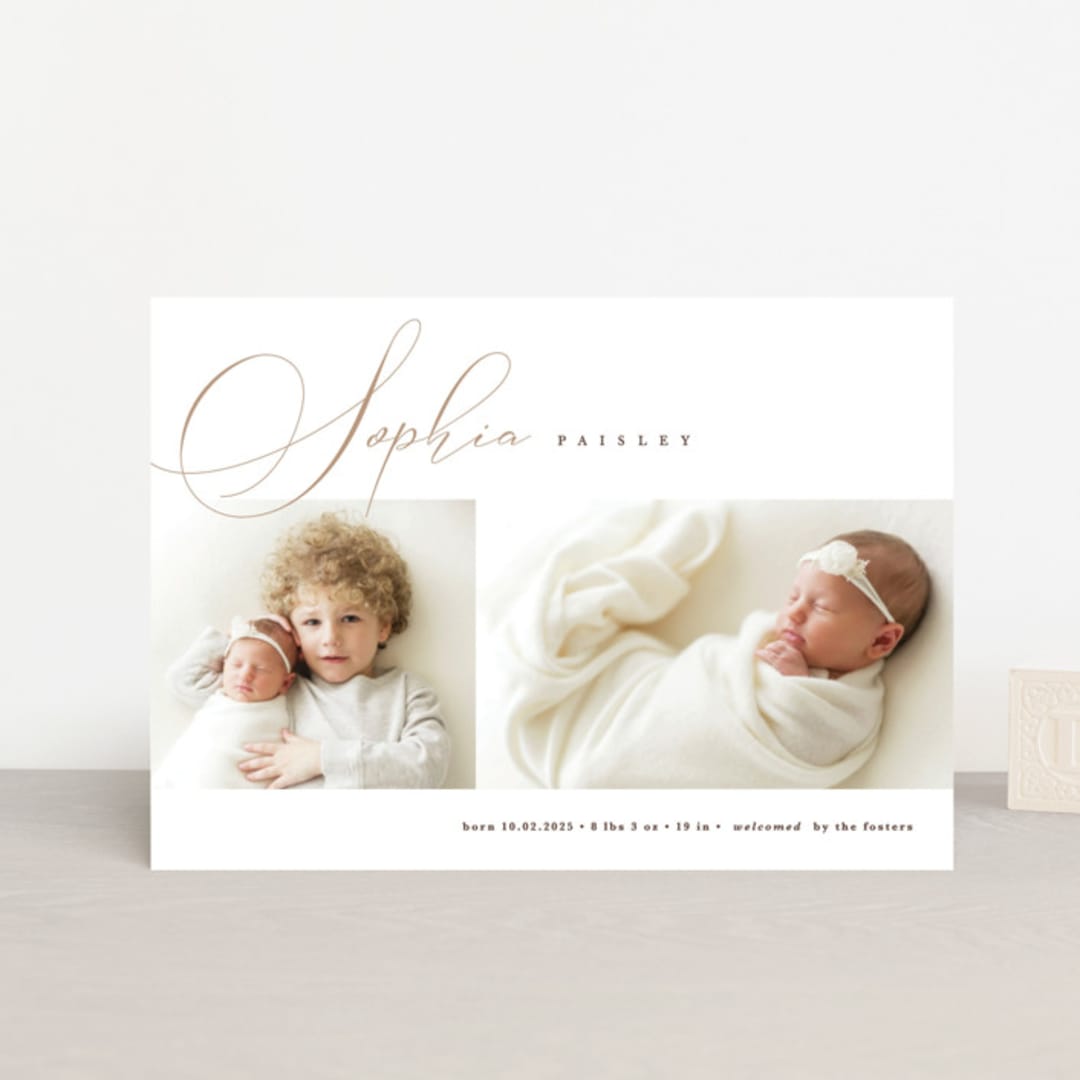 "Classic Twist" - Birth Announcements in Oat by Pixel and Hank - Front