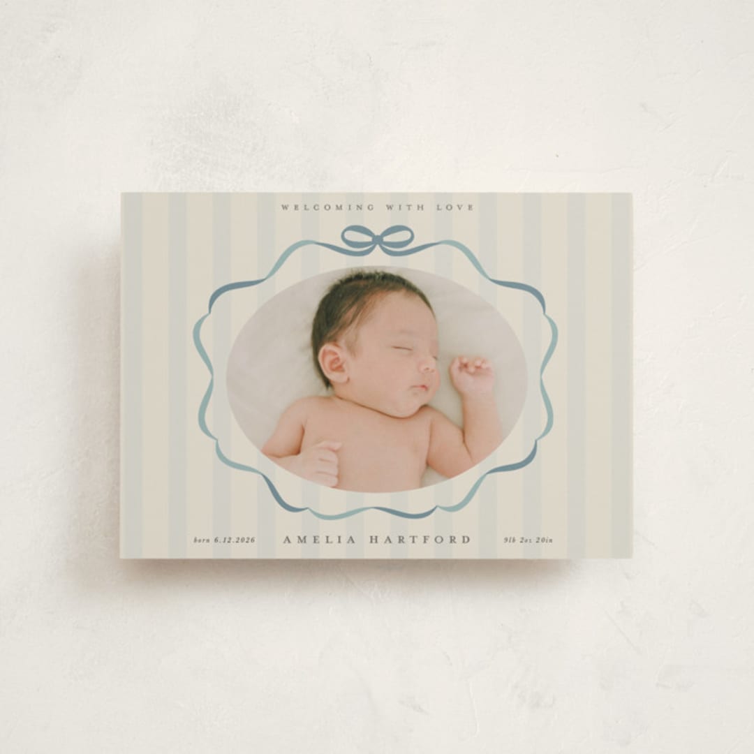 "bows and stripes" - Birth Announcements in Lagoon by Lori Wemple - Front