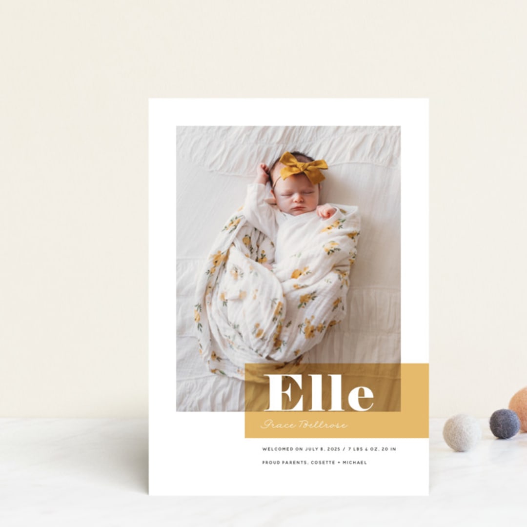 "Magazine Block" - Birth Announcements in Marigold by Maria Hilas-Louie - Front