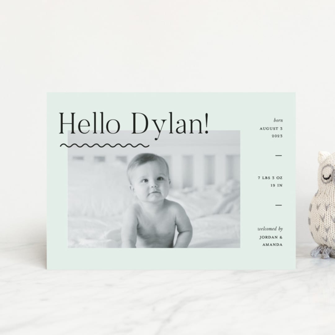 "Wavy Hello" - Birth Announcements in Moss by Pixel and Hank - Front