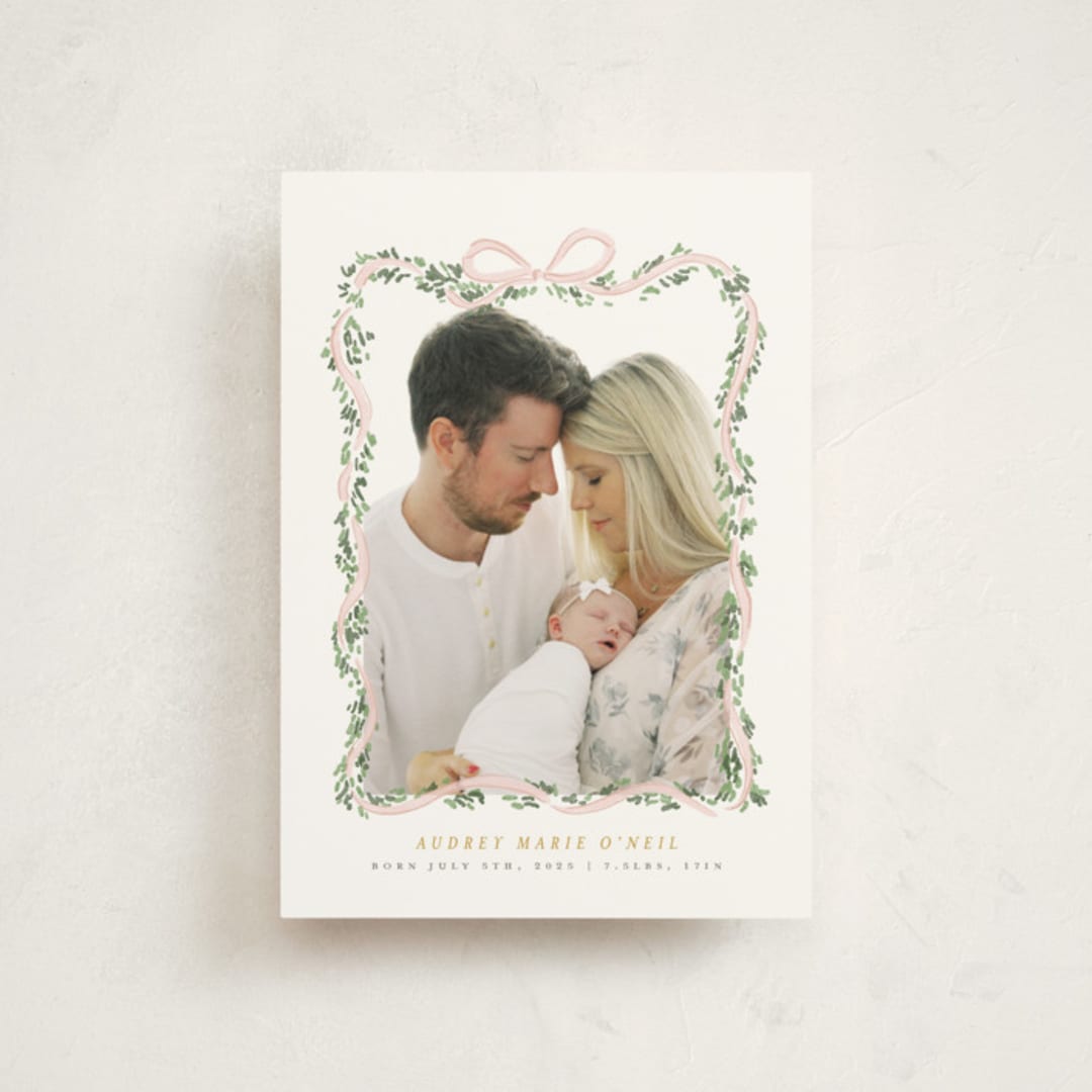"Ribbonly Frame" - Birth Announcements in Blush by Itsy Belle Studio - Front