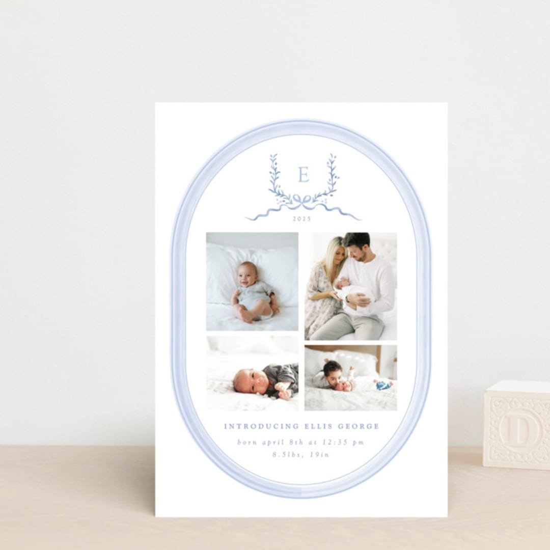 "Festive Monogram" - Birth Announcements in Frost by Corinne Malesic - Front