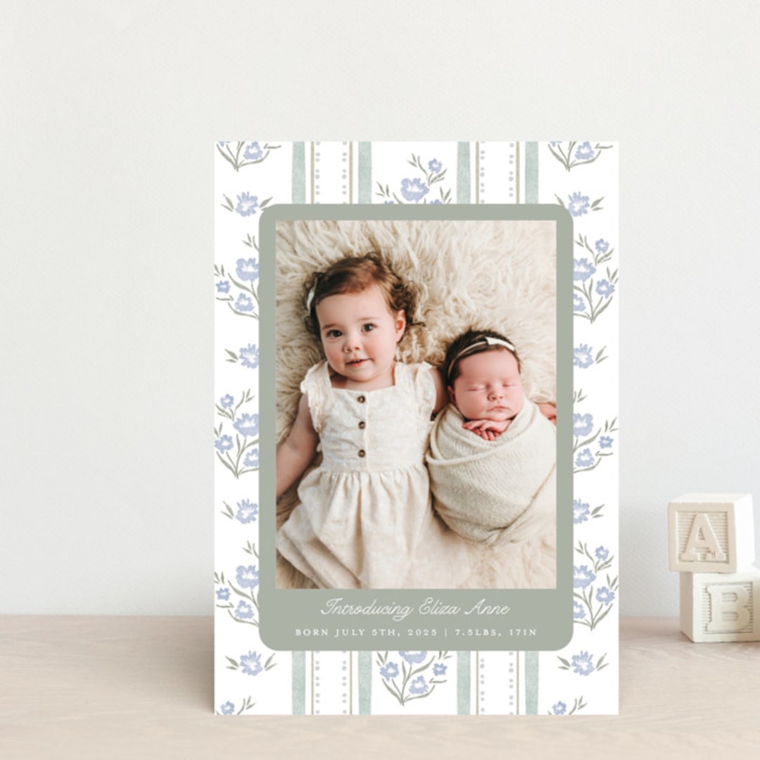 "Cottage Watercolor Ribbon" - Birth Announcements in Periwinkle by Jackie Crawford - Front