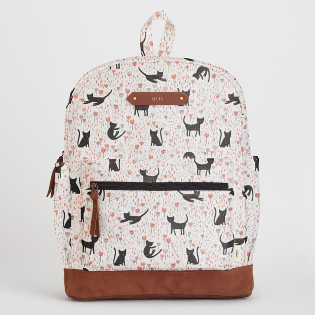 "Meadow Cats" - Backpack in Black Kitty by Betsy Siber - Front with Optional Personalization