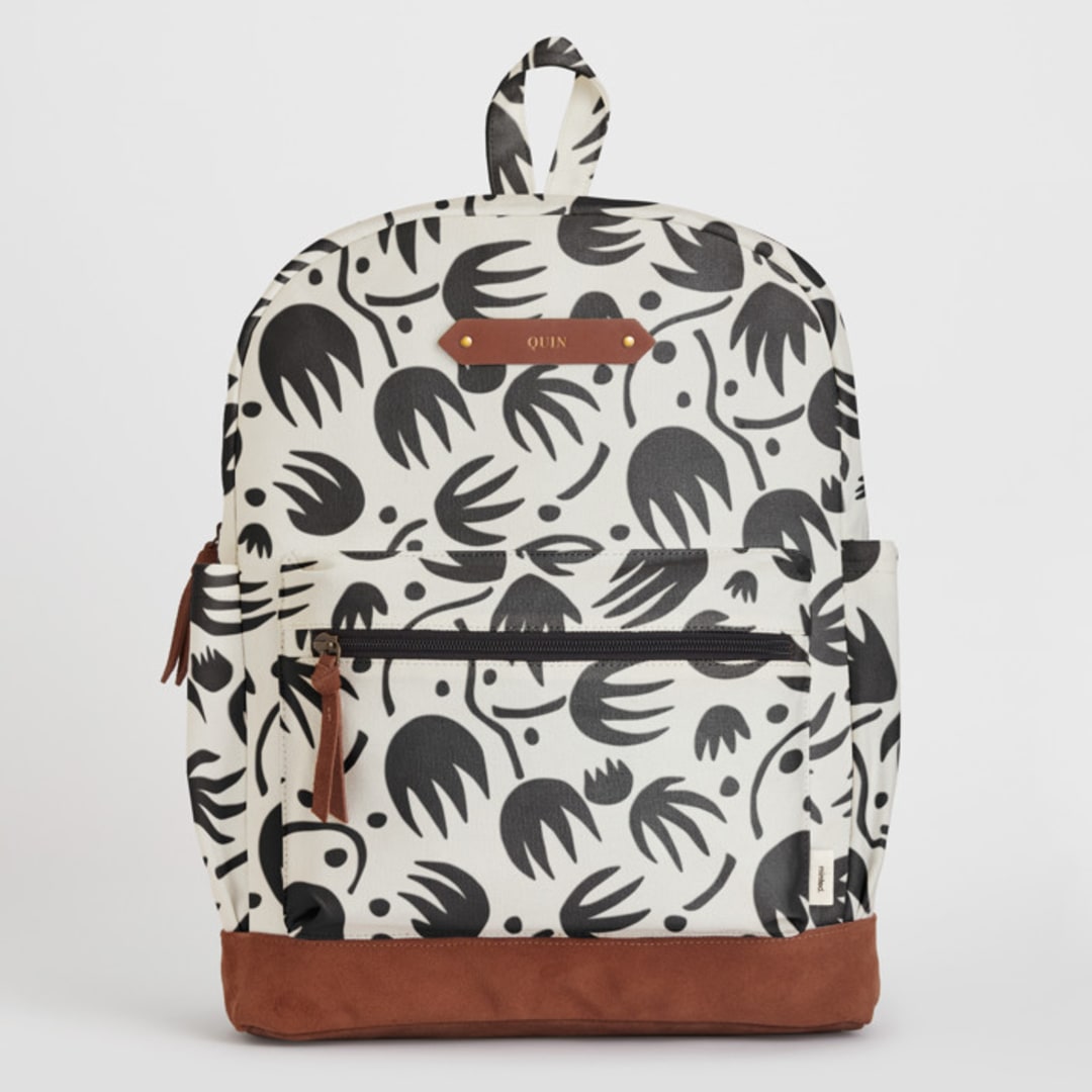 "Minimal floral" - Backpack in Black & White by Tatjana Koraksic - Front with Optional Personalization